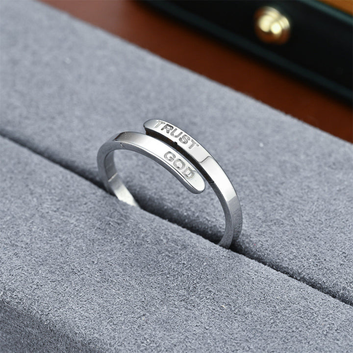 TRUST GOD Engraved Open Adjustable Wrap Ring, Minimalist Christian Faith Inspirational Stackable Band