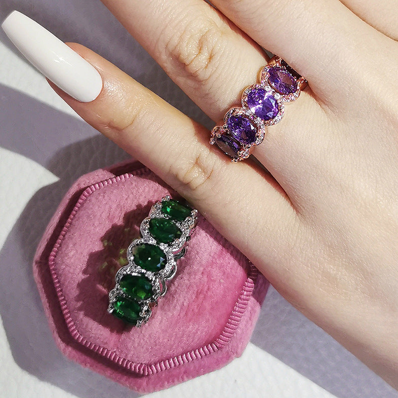Vibrant Oval Gemstone Eternity Band Ring, Multi-color Statement Stackable Ring for Women