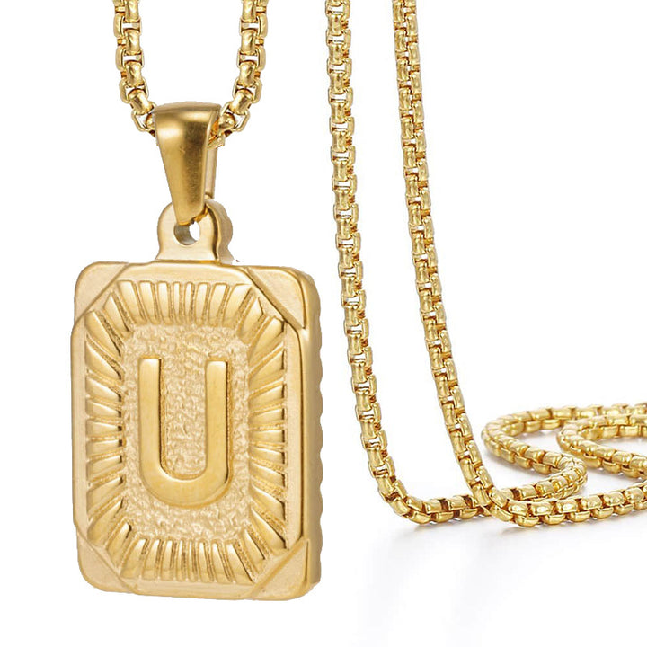 A-Z Vintage Sunburst Initial Tag Pendant Necklace, Personalized Men Women Hip Hop Stackable Statement Jewelry