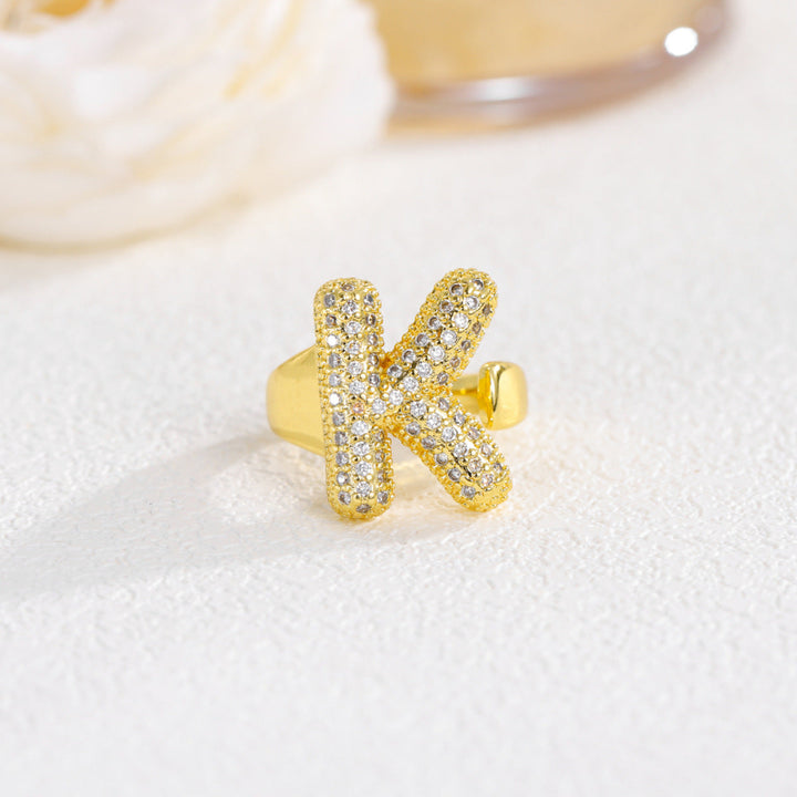 Adjustable Open Iced‑Out Initial Letter Diamond Ring, 26‑Alphabet Statement Unique Style Ring