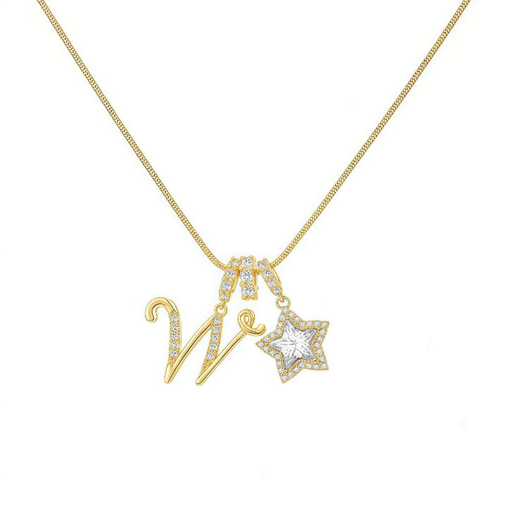 Cursive Initial Letter Diamond Star Pendant Necklace, 26‑Alphabet Snake Chain Necklace