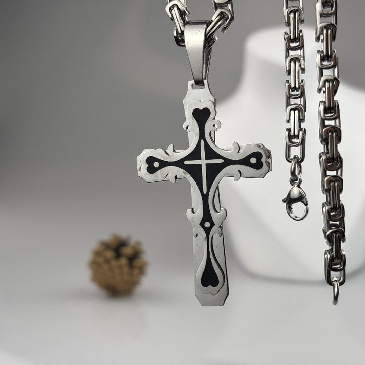 Ornate Gothic Cross Pendant Necklace, 3‑Tone Stainless Steel Byzantine Chain Necklace