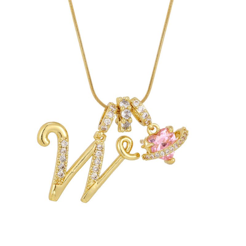 26 Letters Cursive Initial Pink Heart Planet Charm Gold Snake Chain Necklace
