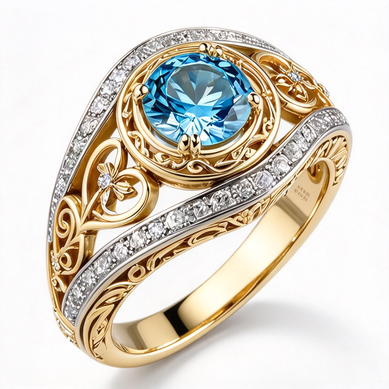 Vintage Filigree Round Gemstone Ring, Two-tone Ornate Statement Ring for Women