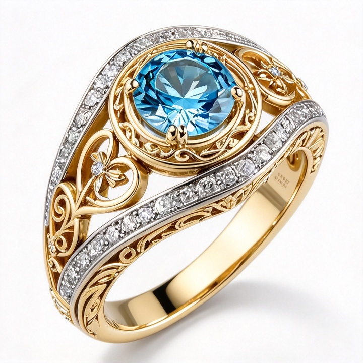 Vintage Filigree Round Gemstone Ring, Two-tone Ornate Statement Ring for Women