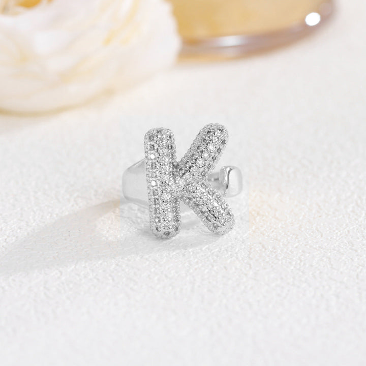 Adjustable Open Iced‑Out Initial Letter Diamond Ring, 26‑Alphabet Statement Unique Style Ring