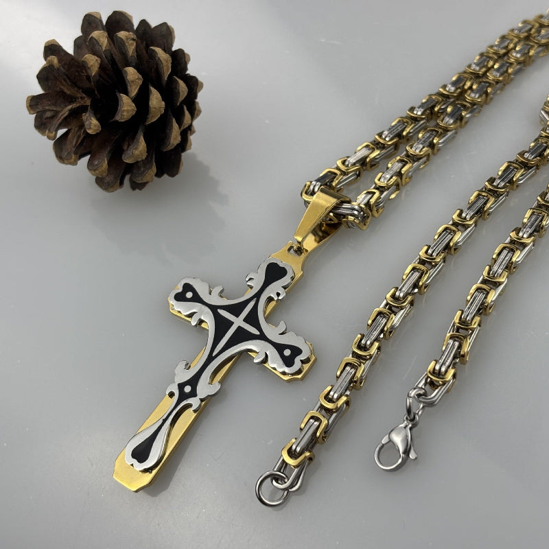 Ornate Gothic Cross Pendant Necklace, 3‑Tone Stainless Steel Byzantine Chain Necklace