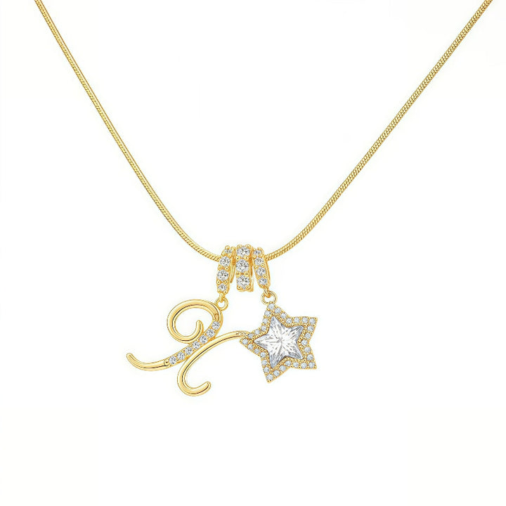 Cursive Initial Letter Diamond Star Pendant Necklace, 26‑Alphabet Snake Chain Necklace