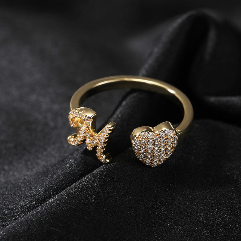 26‑Letter Open Cuff Ring, Paved Diamond Initial &amp; Heart Adjustable Statement Ring