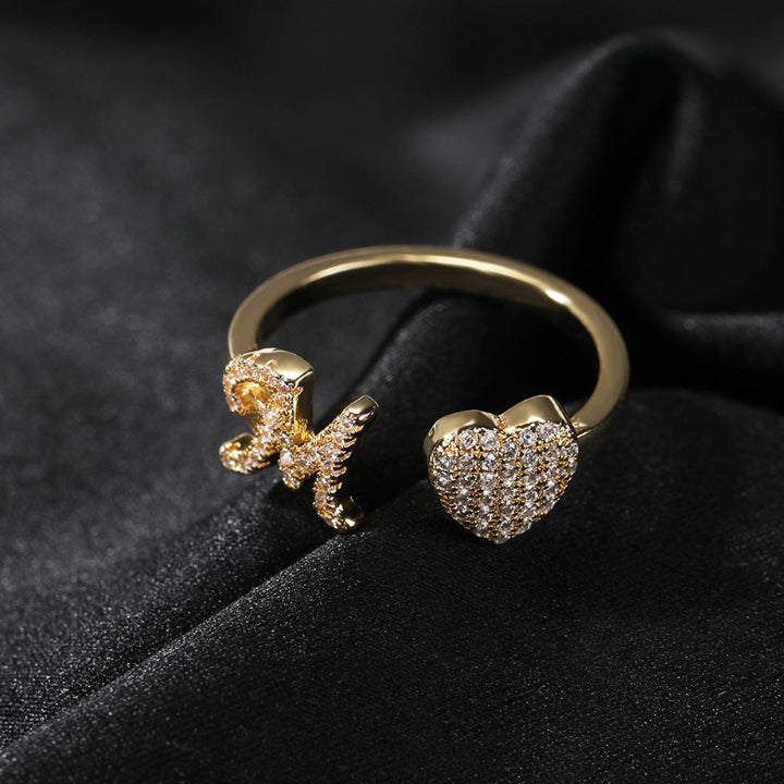 26‑Letter Open Cuff Ring, Paved Diamond Initial &amp; Heart Adjustable Statement Ring
