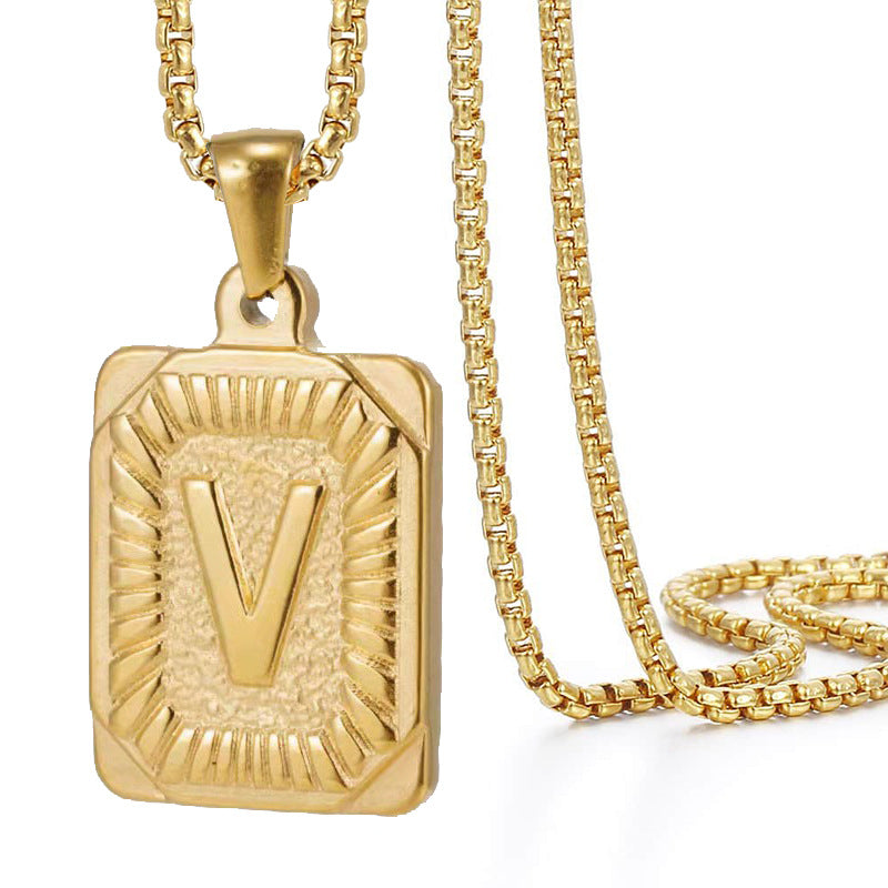 A-Z Vintage Sunburst Initial Tag Pendant Necklace, Personalized Men Women Hip Hop Stackable Statement Jewelry