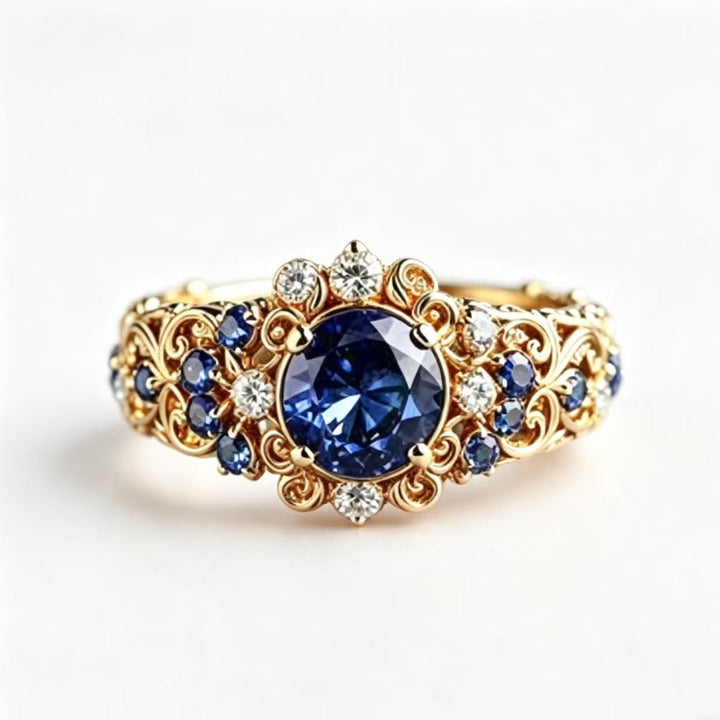 Ornate Royal‑Blue Gem & Diamond Statement Ring, Luxury Floral Pattern Ring with Exquisite Sapphire Inlay