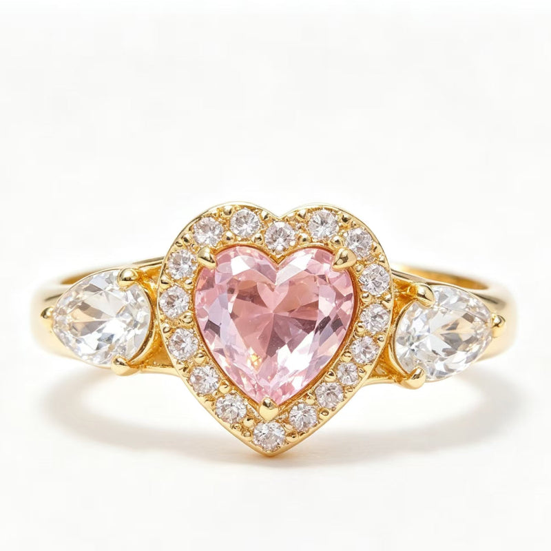 Adjustable Opening Pink Heart Halo Diamond Ring, Pear Side Stone Romantic Promise Engagement Ring For Women