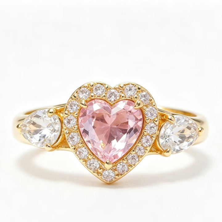 Adjustable Opening Pink Heart Halo Diamond Ring, Pear Side Stone Romantic Promise Engagement Ring For Women