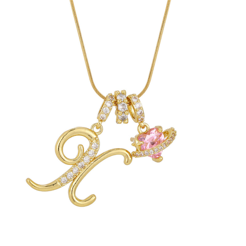 26 Letters Cursive Initial Pink Heart Planet Charm Gold Snake Chain Necklace