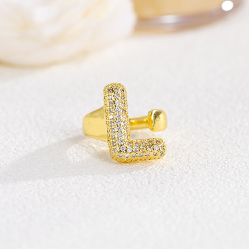 Adjustable Open Iced‑Out Initial Letter Diamond Ring, 26‑Alphabet Statement Unique Style Ring