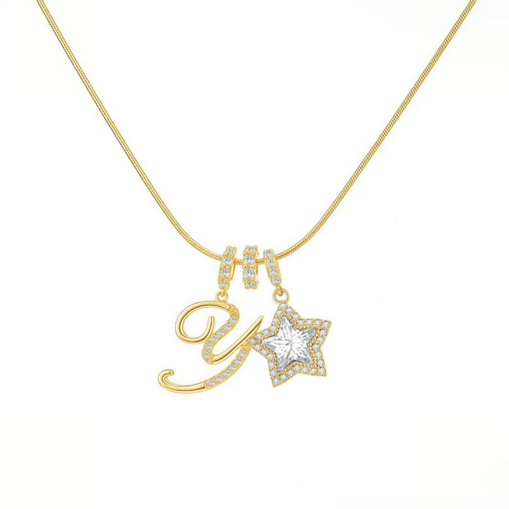Cursive Initial Letter Diamond Star Pendant Necklace, 26‑Alphabet Snake Chain Necklace