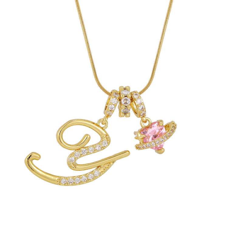 26 Letters Cursive Initial Pink Heart Planet Charm Gold Snake Chain Necklace