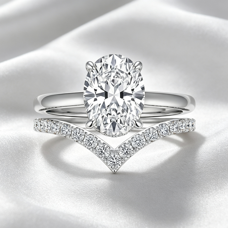 Oval 4-Prong Solitaire Engagement Ring, Pave V-Shaped Wedding Band Bridal Matching Stack Jewelry