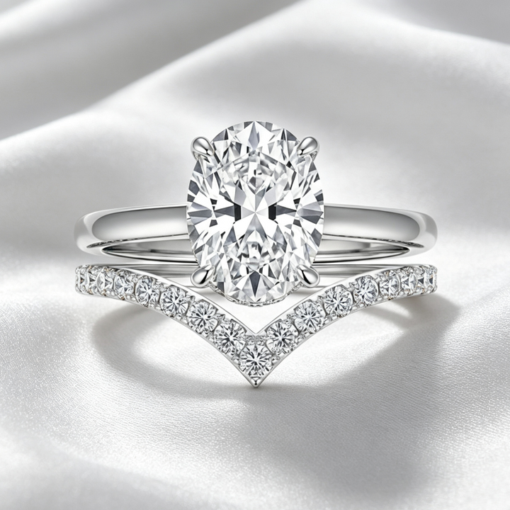 Oval 4-Prong Solitaire Engagement Ring, Pave V-Shaped Wedding Band Bridal Matching Stack Jewelry