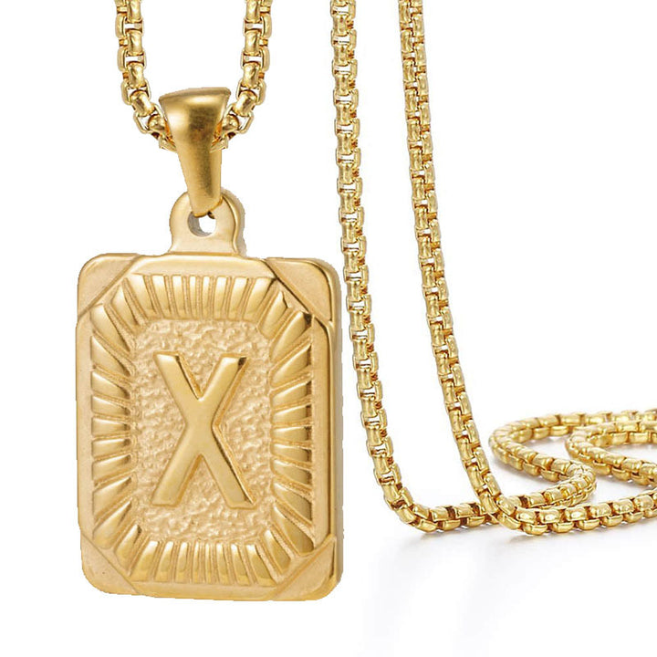 A-Z Vintage Sunburst Initial Tag Pendant Necklace, Personalized Men Women Hip Hop Stackable Statement Jewelry