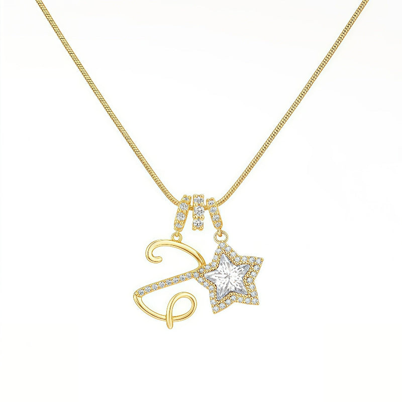 Cursive Initial Letter Diamond Star Pendant Necklace, 26‑Alphabet Snake Chain Necklace