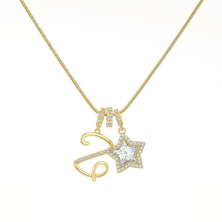 Cursive Initial Letter Diamond Star Pendant Necklace, 26‑Alphabet Snake Chain Necklace