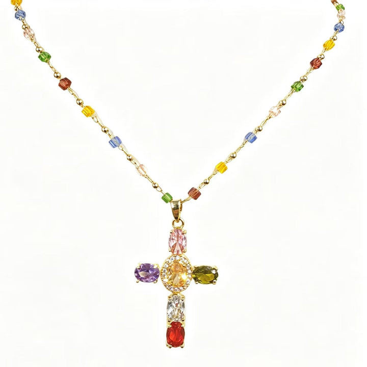 Colorful Multi‑Gem & Diamond Cross Pendant Necklace, Vibrant Rainbow Beaded Chain Statement Necklace