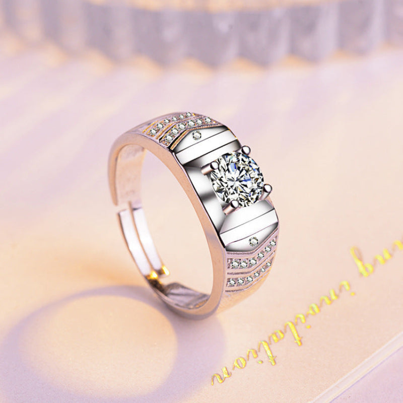 Geometric Square Center Diamond Men’s Adjustable Ring, Wide Band Statement Ring