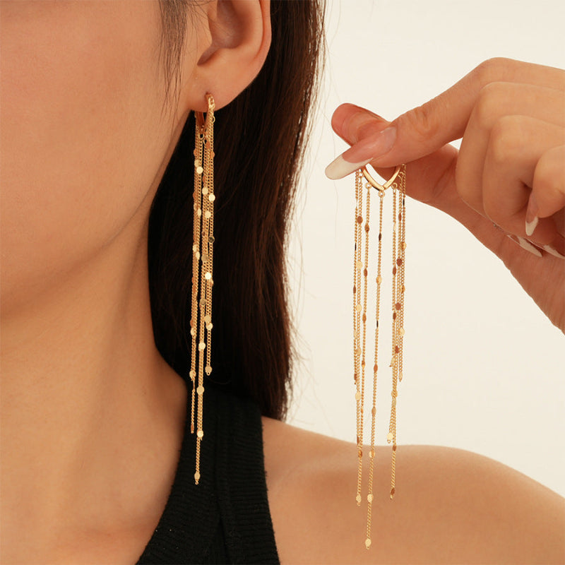 Teardrop Hoop Sequins Tassel Drop Earrings, Long Dangle Shimmer Party Stackable Statement Ear Jewelry
