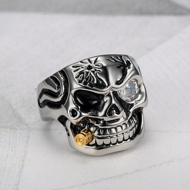 Retro Punk Bold Skull Ring with Diamond Eye, Distressed Gothic Biker Men's Statement Jewelry