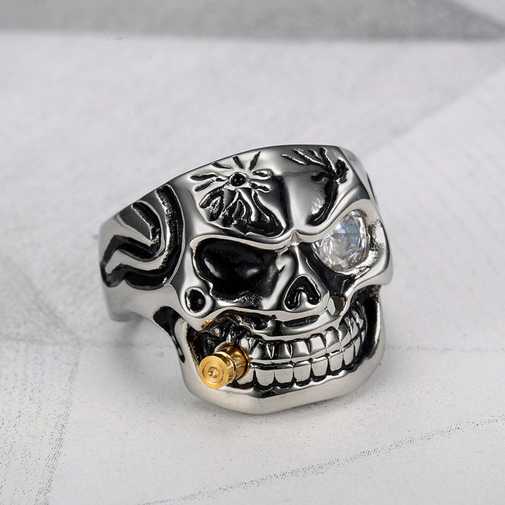 Retro Punk Bold Skull Ring with Diamond Eye, Distressed Gothic Biker Men's Statement Jewelry