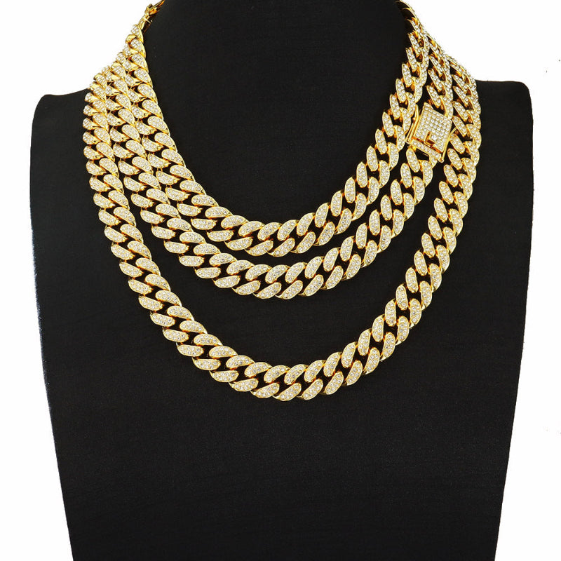 15mm Iced‑Out Diamond Cuban Link Chain Set, Hip Hop Style Necklace and Bracelet for Trendy Men