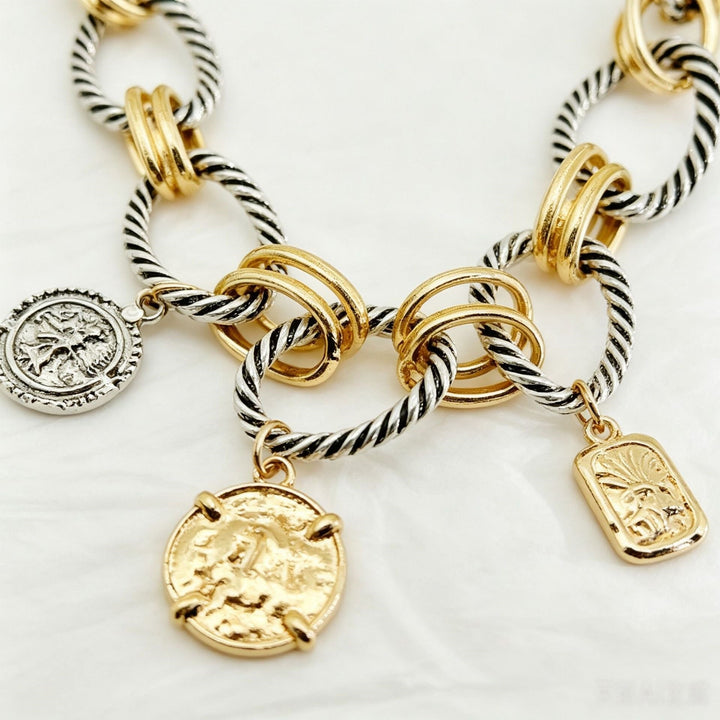 Two-Tone Twisted Cable Chain Vintage Mixed Coin Charm Choker Necklace Statement Collar
