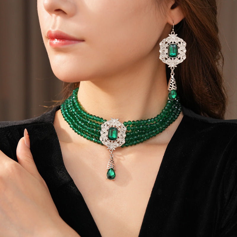 Multi‑Layer Gemstone Choker Jewelry Set, Luxury Teardrop Pendant Earrings and Necklace Set