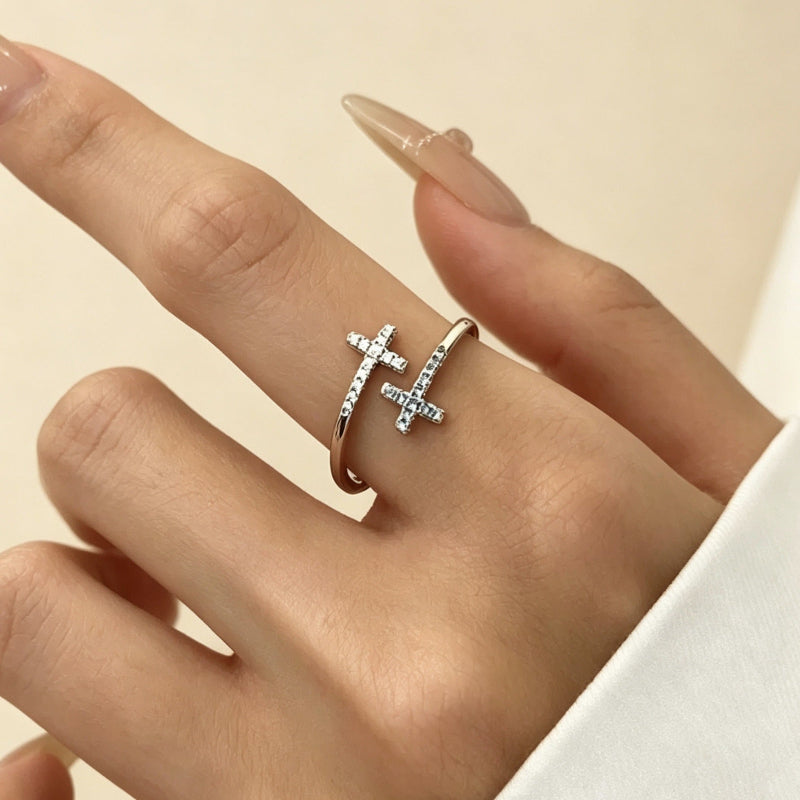 Dual Cross Pave Diamond Open Adjustable Ring, Silver Minimal Stackable Statement Band