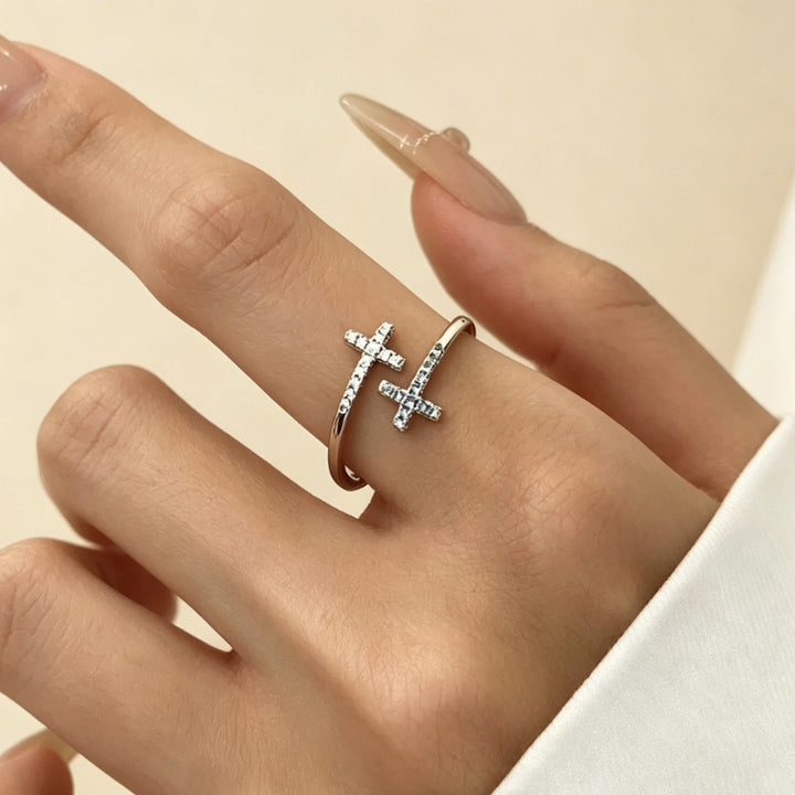 Dual Cross Pave Diamond Open Adjustable Ring, Silver Minimal Stackable Statement Band