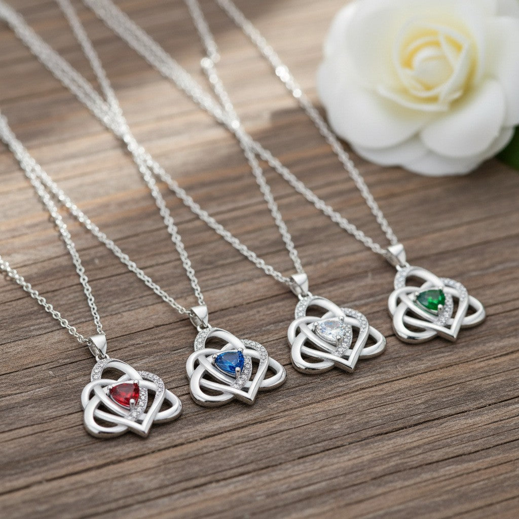 S925 Silver Celtic Knot Heart Pendant Necklace, Multi‑Color Gemstone Options