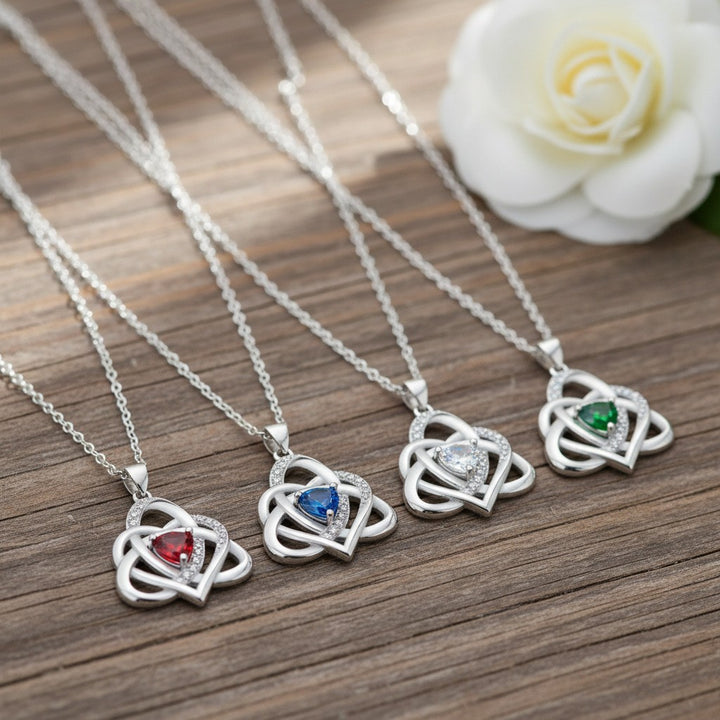 S925 Silver Celtic Knot Heart Pendant Necklace, Multi‑Color Gemstone Options
