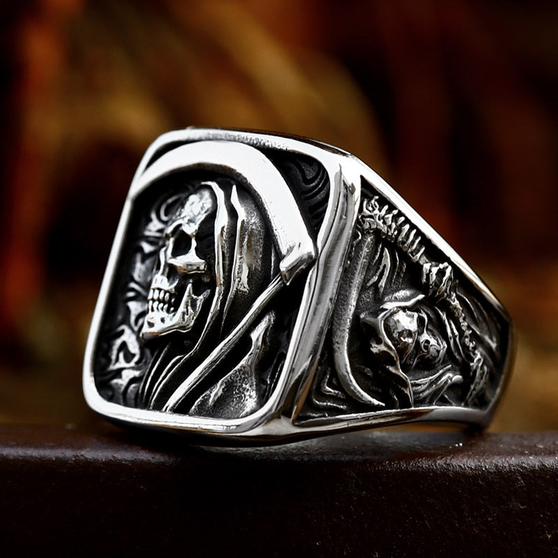 Vintage Grim Reaper Skull 3D Carved Wide Band Men's Statement Ring, Punk Hip Hop Death Skull Ring