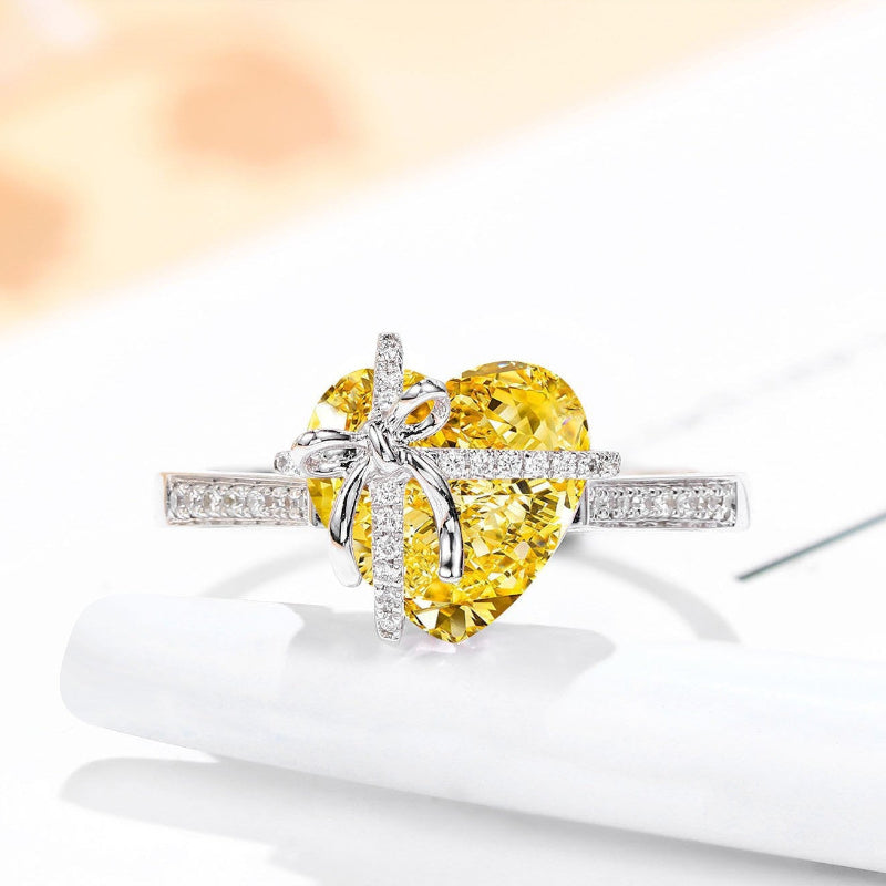 Bow‑Wrapped Heart‑Shaped Gem & Diamond Ring, Dainty Gift‑Inspired Statement Adjustable Opening Ring for Women