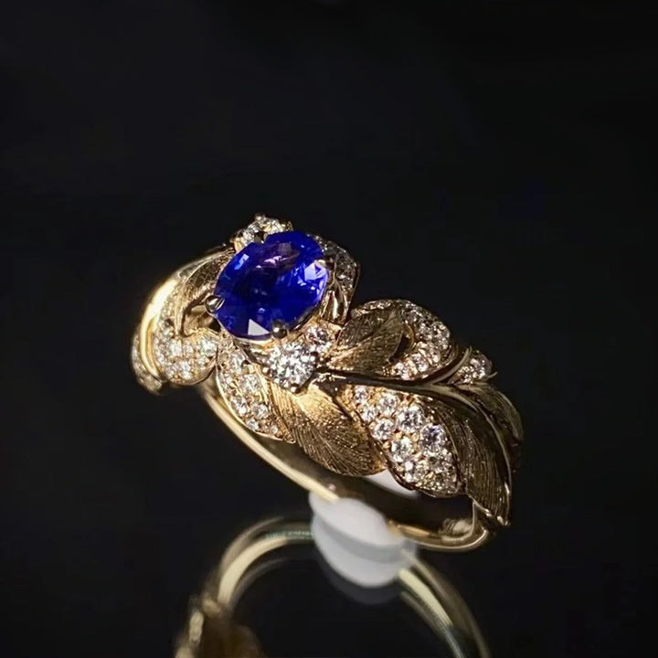 Vintage Leaf Oval Blue Gemstone Ring, Adjustable Open Statement Ring for Women