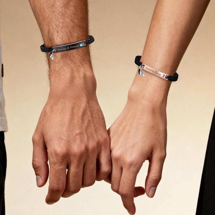 Couple Matching Bracelet Set, Magnetic Heart Charm Braided Wristband with Engraved Words