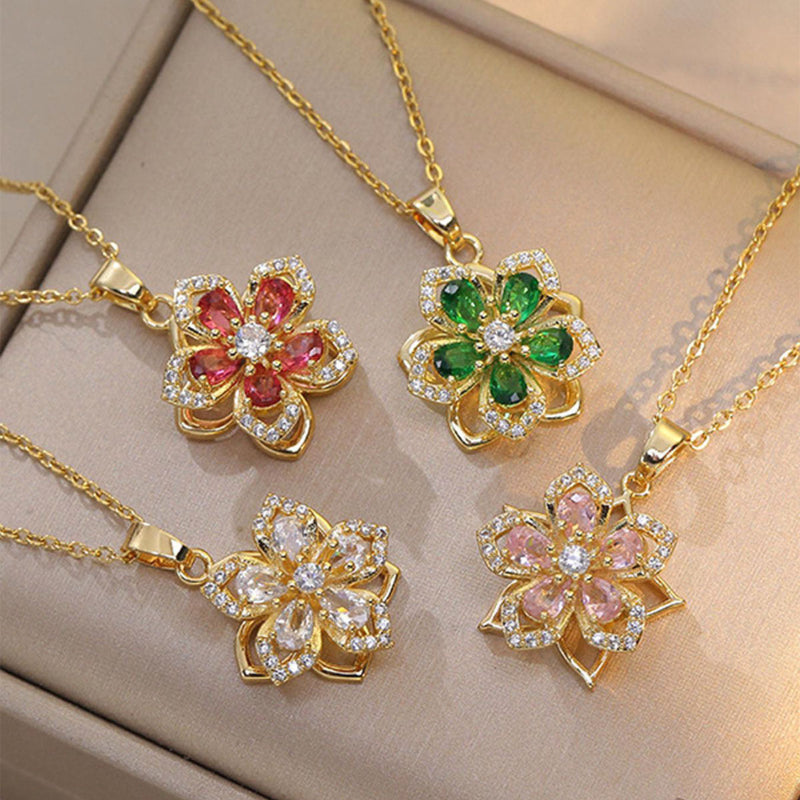 Multi-Color Gem Flower Pendant Necklace, Rotating Floral Diamond Necklace Elegant Women Daily Jewelry