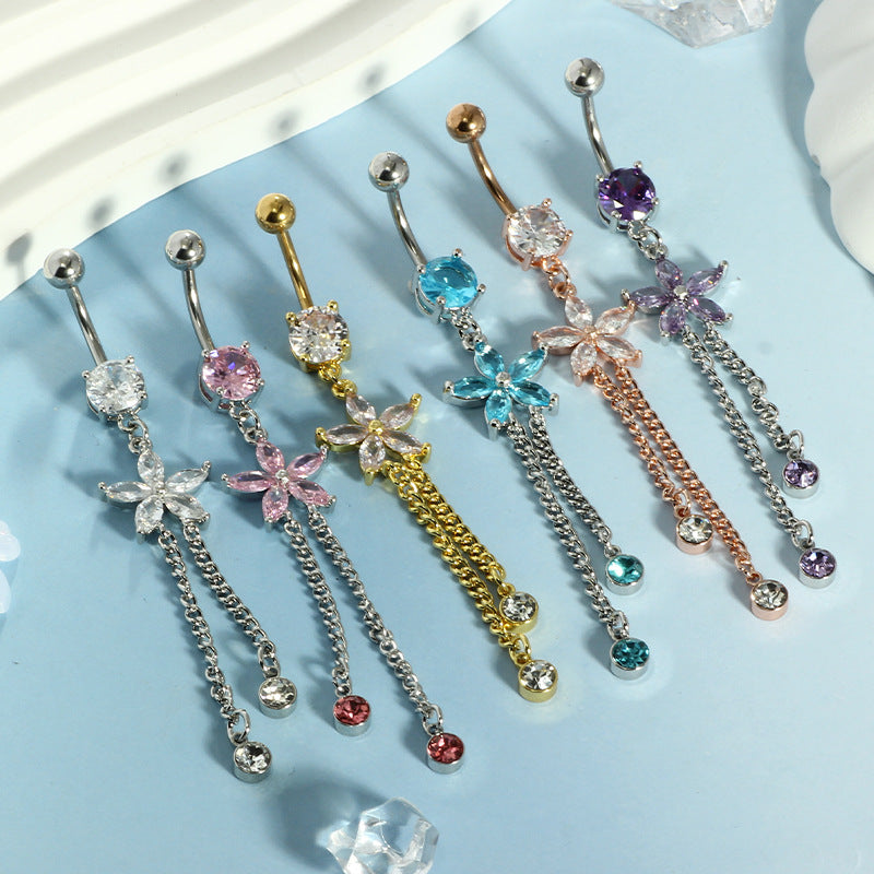 Multi‑Color Star Gem & Diamond Dangle Belly Button Rings, Tassel Chain Drop Navel Piercing Jewelry Set