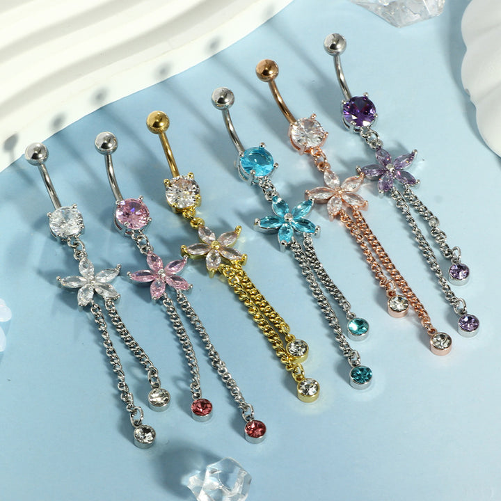 Multi‑Color Star Gem & Diamond Dangle Belly Button Rings, Tassel Chain Drop Navel Piercing Jewelry Set