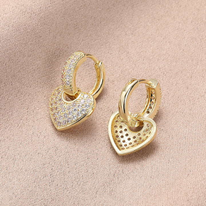 Sparkling Heart Drop Huggie Earrings, Paved Diamond Heart Earrings for Women Daily Party Jewelry