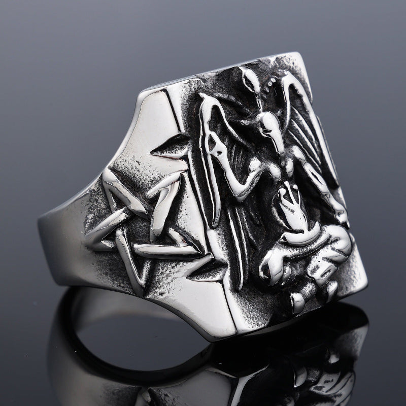 Vintage Baphomet Pentagram Signet Ring, Antique Oxidized Gothic Occult Men’s Statement Ring
