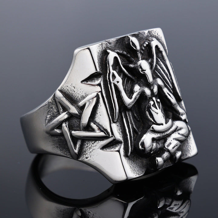 Vintage Baphomet Pentagram Signet Ring, Antique Oxidized Gothic Occult Men’s Statement Ring