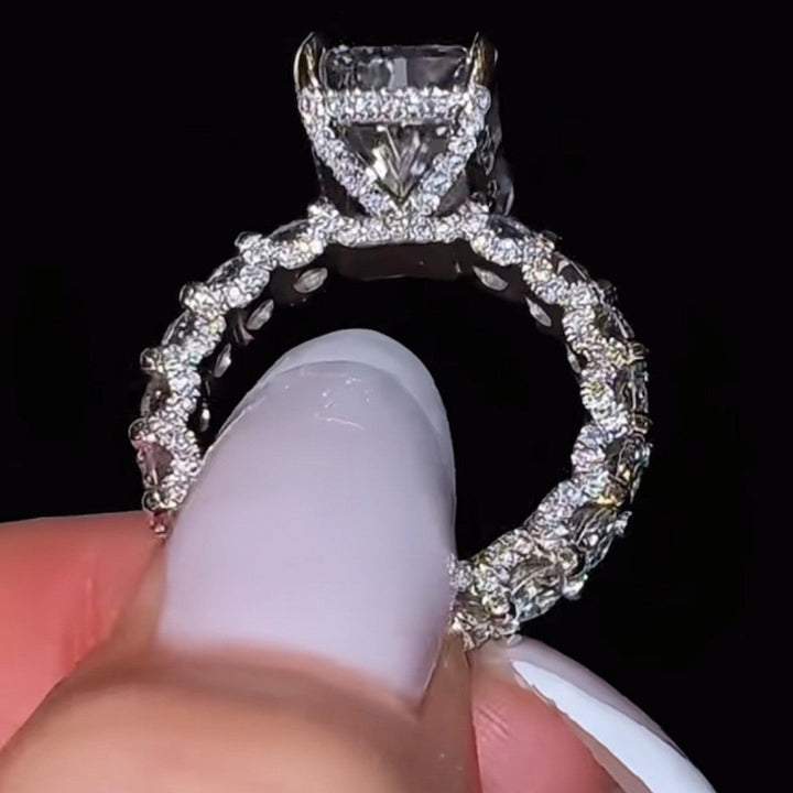 Radiant Cut Diamond‑Style Halo Ring, Full Pave Band Women Statement Promise Ring